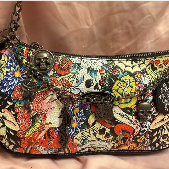 Ed Hardy Tattoo Print Shoulder Bag with Skull & Rose Charms - Picture 1 of 7